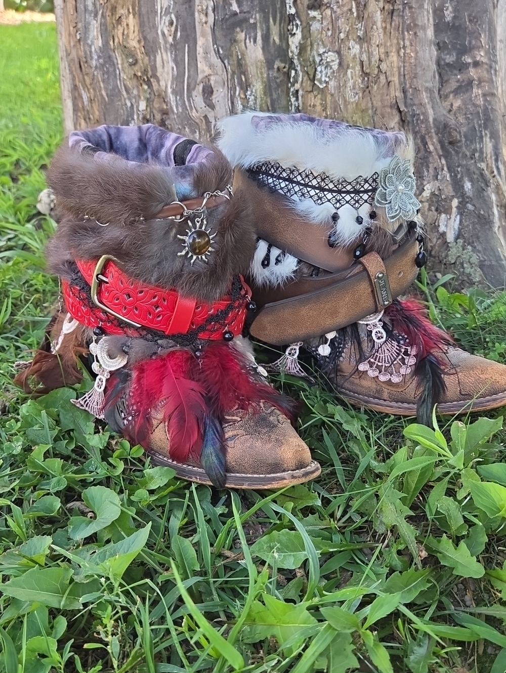 Women's Boho Boot with Red Feather & Brown Fur Trim